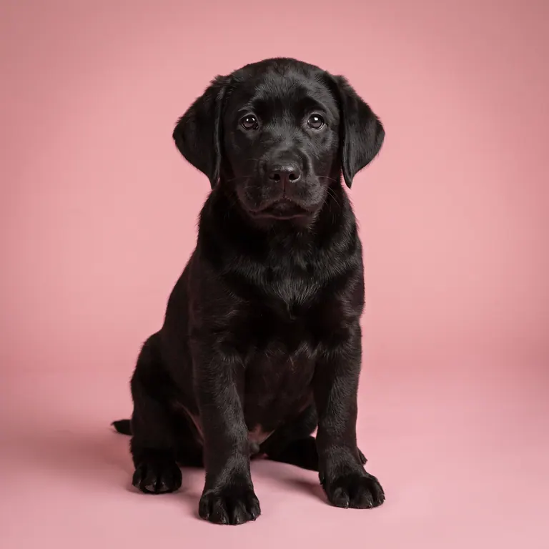 Filhote preto sentado em estúdio com fundo rosa sólido