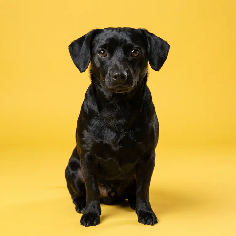 Cachorrinho preto em retrato de estúdio com fundo amarelo sólido
