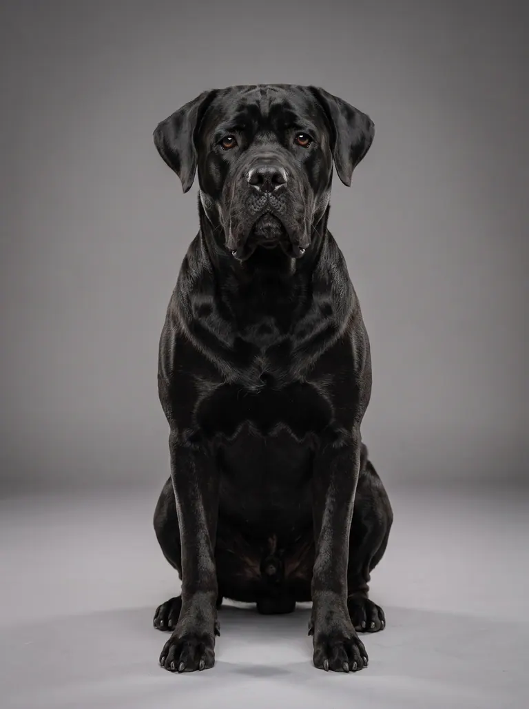 Cane Corso preto posando em estúdio com fundo cinza sólido e luz controlada
