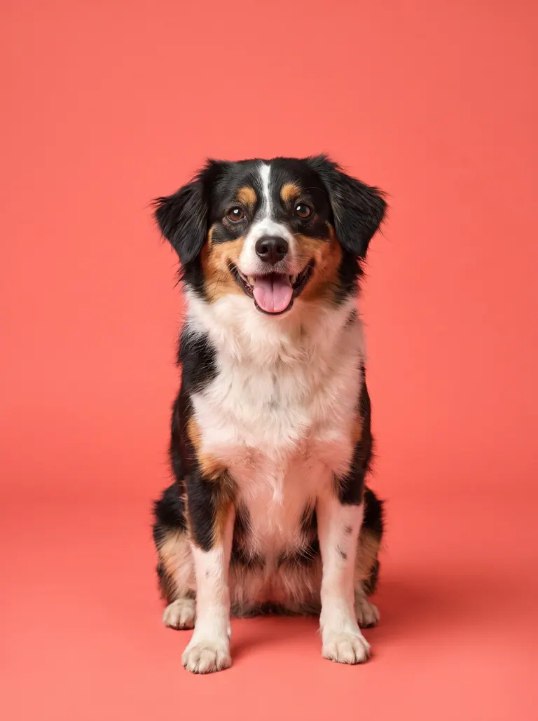 Cachorrinho tricolor em retrato de estúdio com fundo coral sólido